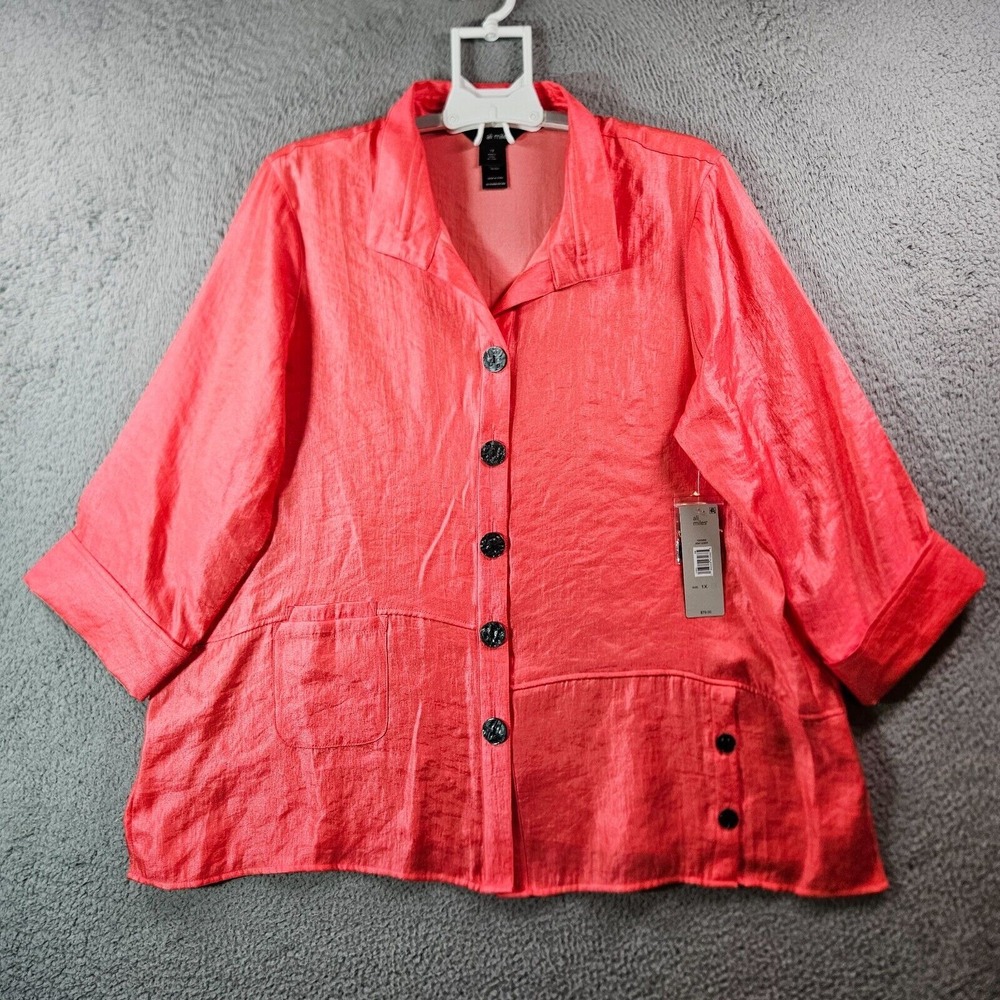 $79 NWT Ali Miles Tunic Shirt Top‎ Women 1X Button Up Shiny Orange  3/4 Sleeve